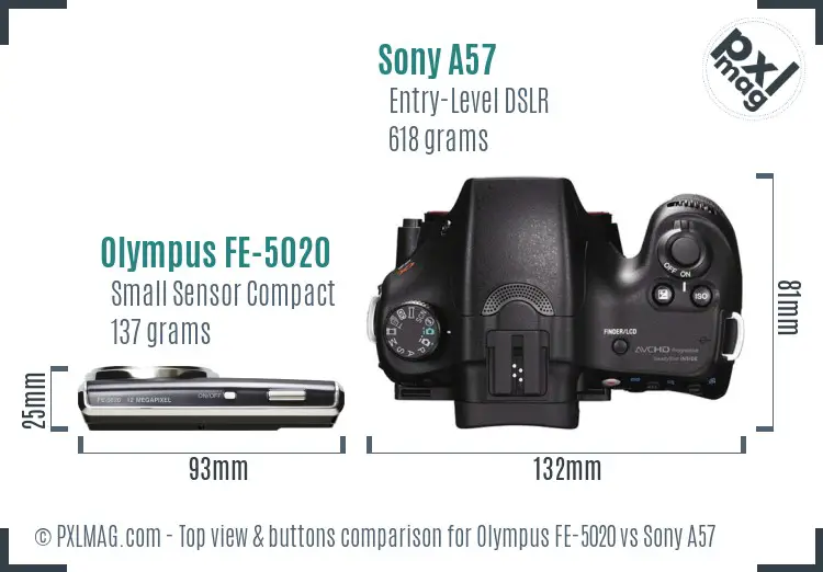 Olympus FE-5020 vs Sony A57 top view buttons comparison