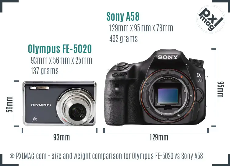 Olympus FE-5020 vs Sony A58 size comparison