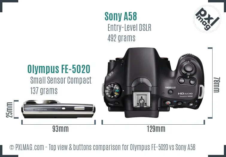 Olympus FE-5020 vs Sony A58 top view buttons comparison