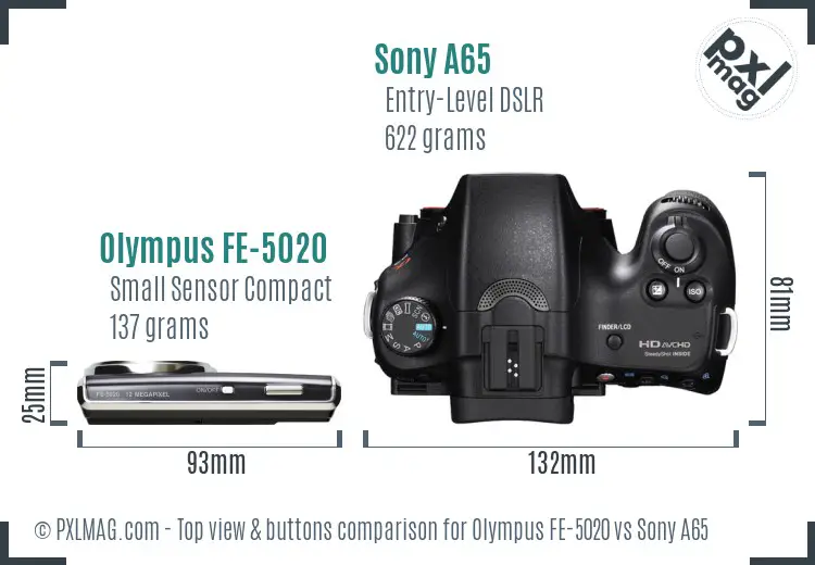 Olympus FE-5020 vs Sony A65 top view buttons comparison