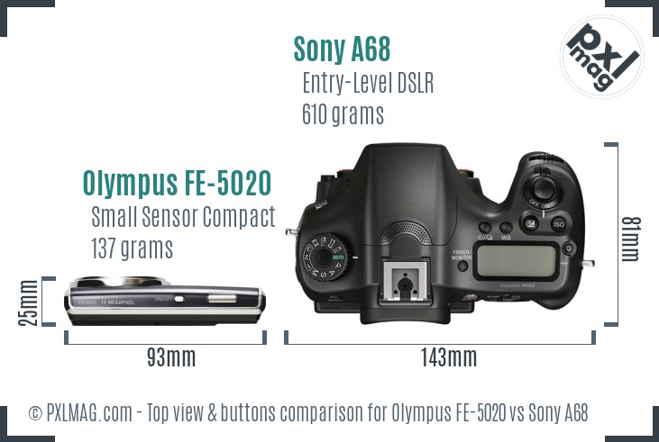 Olympus FE-5020 vs Sony A68 top view buttons comparison