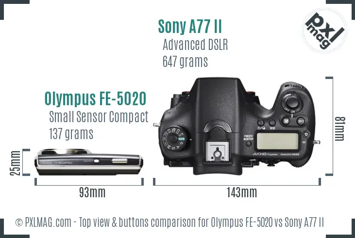 Olympus FE-5020 vs Sony A77 II top view buttons comparison