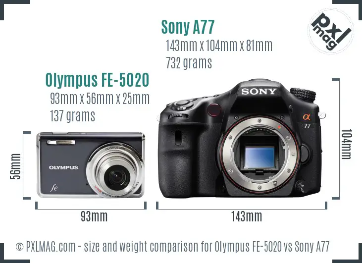 Olympus FE-5020 vs Sony A77 size comparison