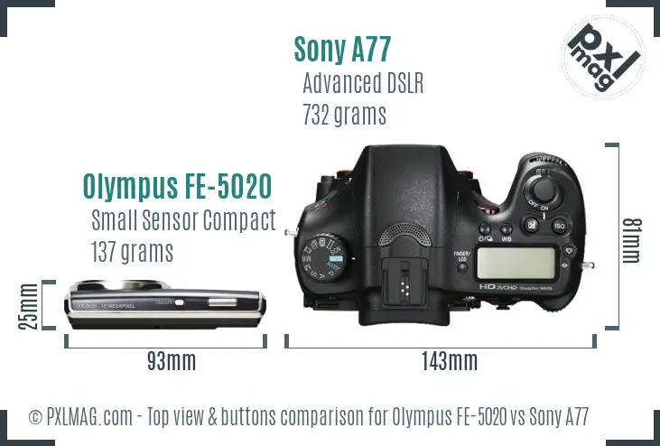 Olympus FE-5020 vs Sony A77 top view buttons comparison