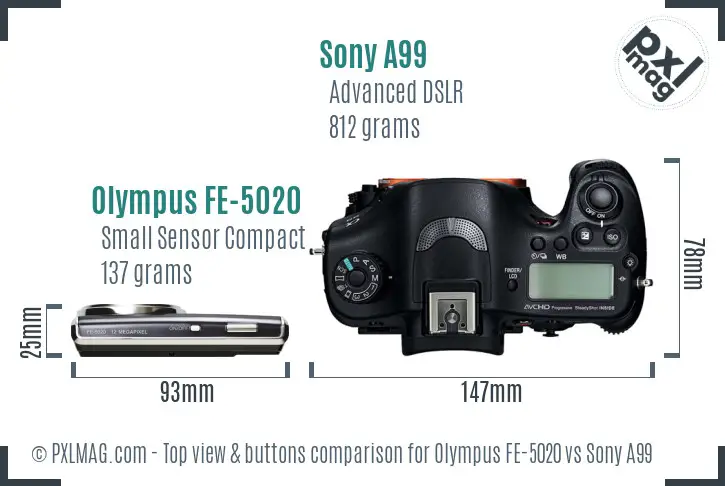 Olympus FE-5020 vs Sony A99 top view buttons comparison