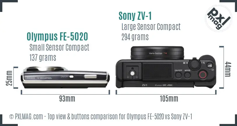 Olympus FE-5020 vs Sony ZV-1 top view buttons comparison