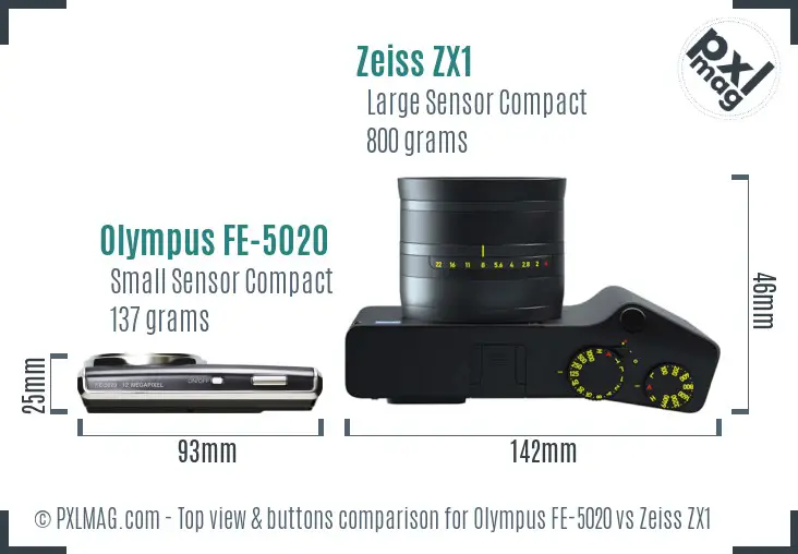 Olympus FE-5020 vs Zeiss ZX1 top view buttons comparison