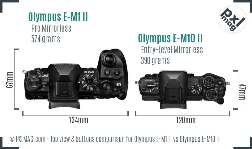 Olympus E-M1 II vs Olympus E-M10 II top view buttons comparison
