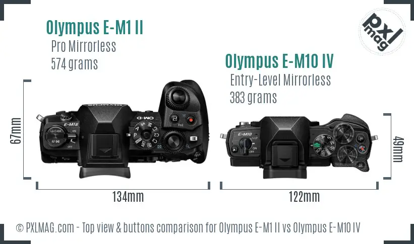 Olympus E-M1 II vs Olympus E-M10 IV top view buttons comparison