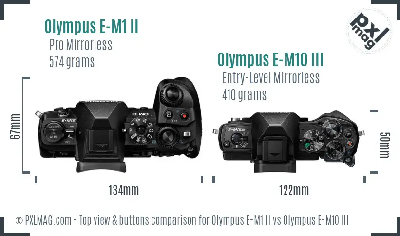 Olympus E-M1 II vs Olympus E-M10 III top view buttons comparison