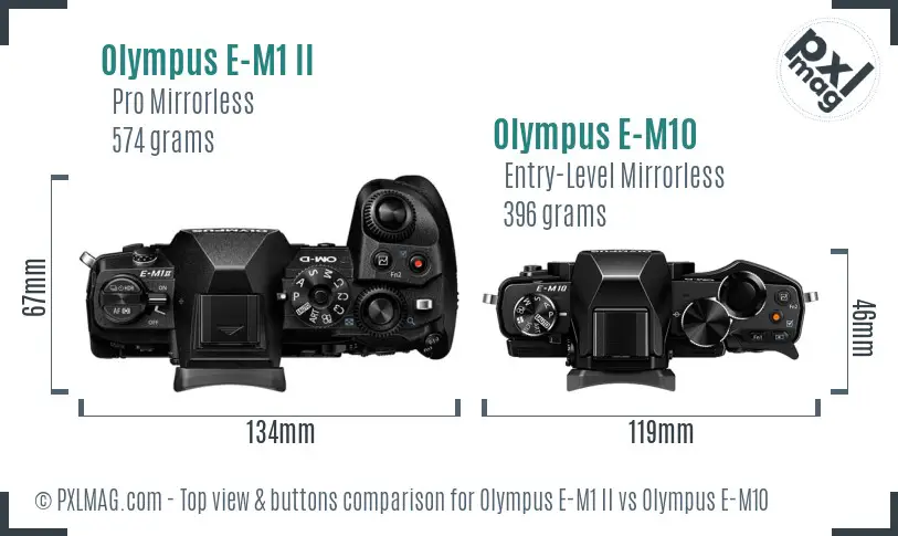 Olympus E-M1 II vs Olympus E-M10 top view buttons comparison