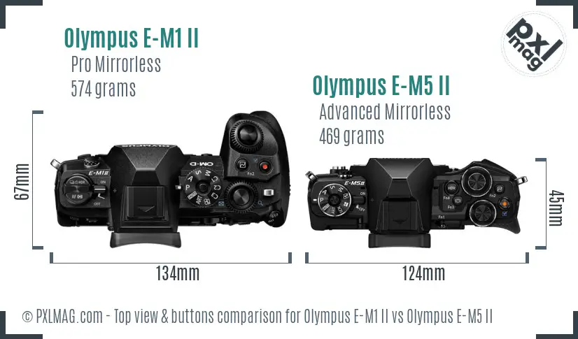 Olympus E-M1 II vs Olympus E-M5 II top view buttons comparison