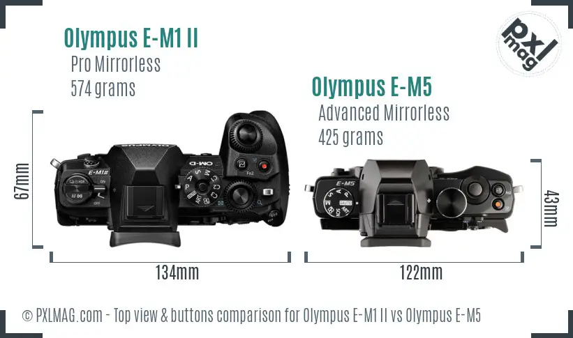 Olympus E-M1 II vs Olympus E-M5 top view buttons comparison