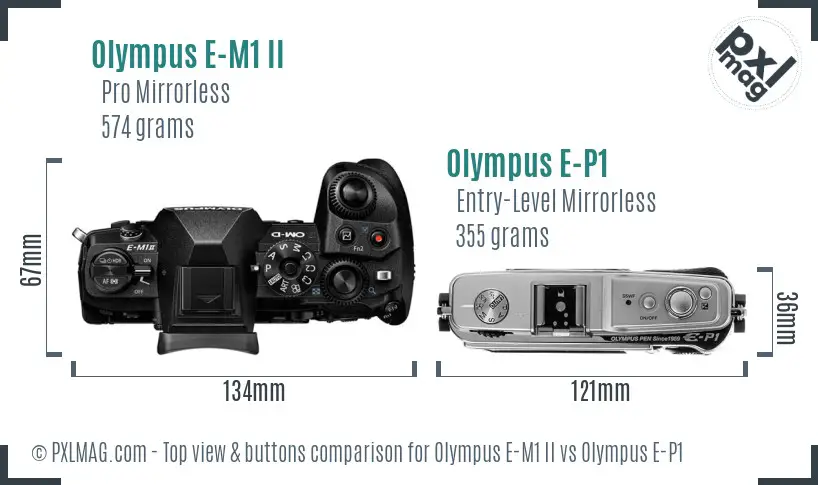 Olympus E-M1 II vs Olympus E-P1 top view buttons comparison
