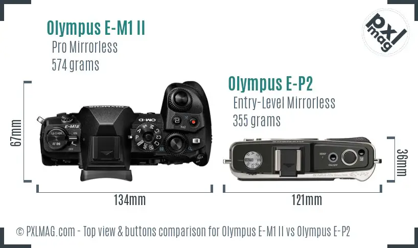 Olympus E-M1 II vs Olympus E-P2 top view buttons comparison