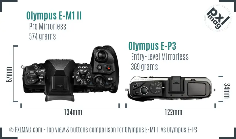 Olympus E-M1 II vs Olympus E-P3 top view buttons comparison