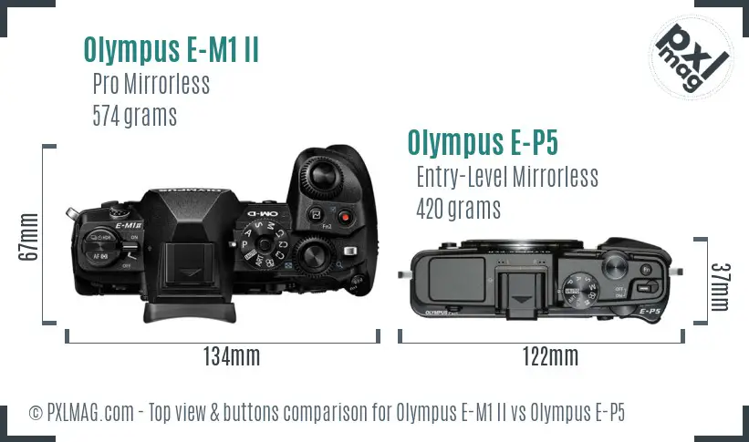 Olympus E-M1 II vs Olympus E-P5 top view buttons comparison