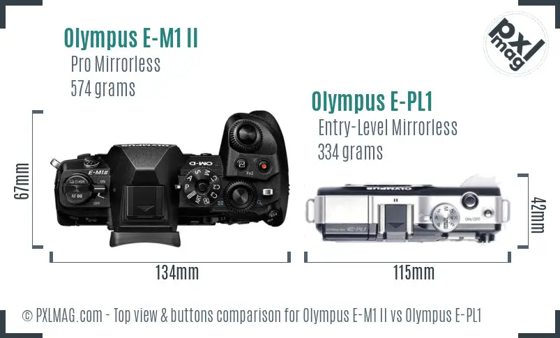 Olympus E-M1 II vs Olympus E-PL1 top view buttons comparison