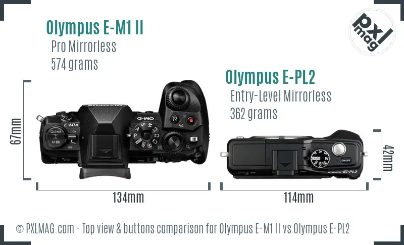 Olympus E-M1 II vs Olympus E-PL2 top view buttons comparison