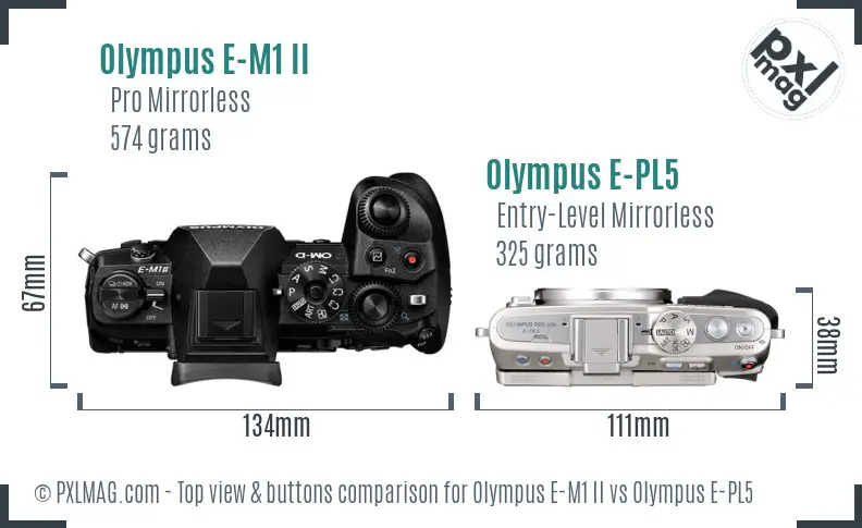 Olympus E-M1 II vs Olympus E-PL5 top view buttons comparison