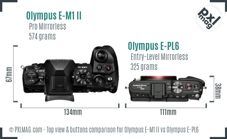 Olympus E-M1 II vs Olympus E-PL6 top view buttons comparison