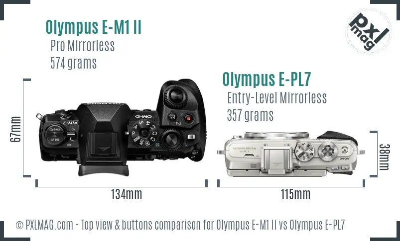 Olympus E-M1 II vs Olympus E-PL7 top view buttons comparison