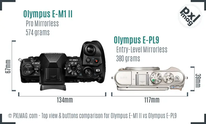 Olympus E-M1 II vs Olympus E-PL9 top view buttons comparison