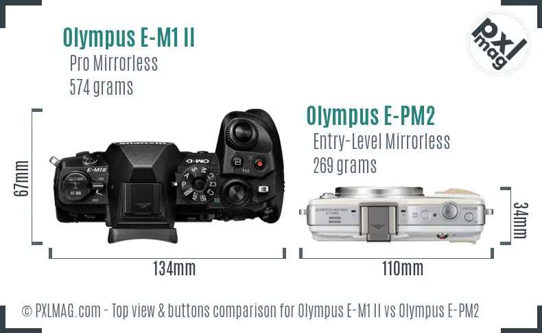 Olympus E-M1 II vs Olympus E-PM2 top view buttons comparison