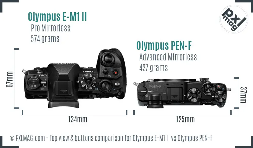 Olympus E-M1 II vs Olympus PEN-F top view buttons comparison