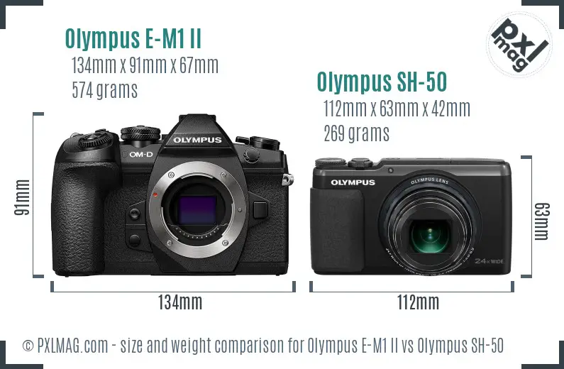 Olympus E-M1 II vs Olympus SH-50 size comparison