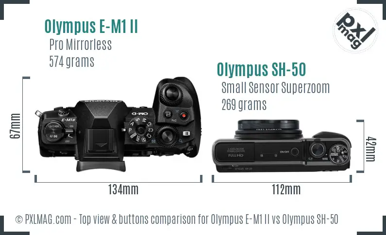 Olympus E-M1 II vs Olympus SH-50 top view buttons comparison