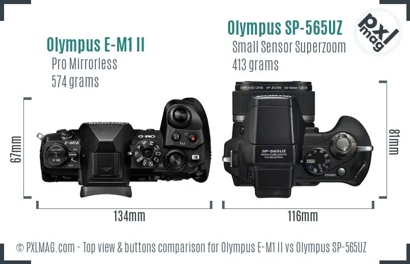 Olympus E-M1 II vs Olympus SP-565UZ top view buttons comparison
