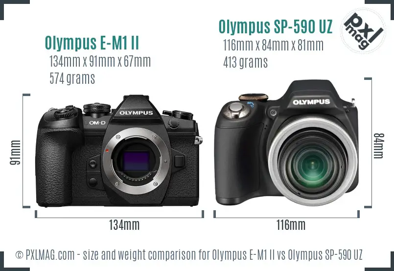 Olympus E-M1 II vs Olympus SP-590 UZ size comparison