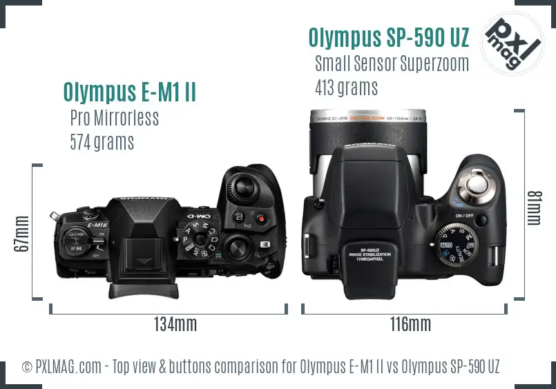 Olympus E-M1 II vs Olympus SP-590 UZ top view buttons comparison