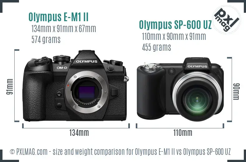 Olympus E-M1 II vs Olympus SP-600 UZ size comparison