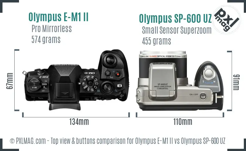 Olympus E-M1 II vs Olympus SP-600 UZ top view buttons comparison