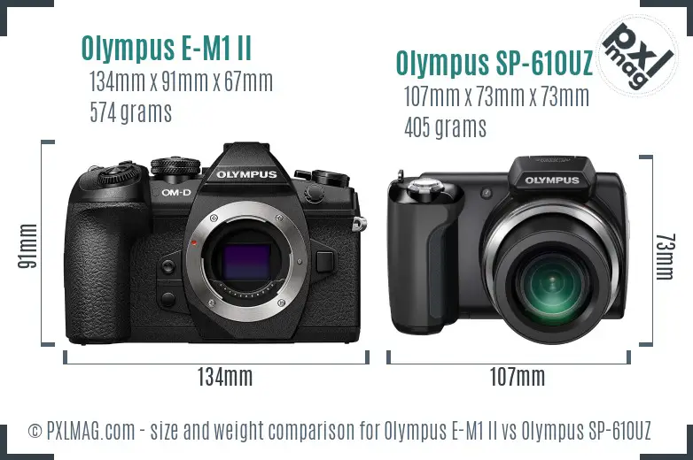Olympus E-M1 II vs Olympus SP-610UZ size comparison