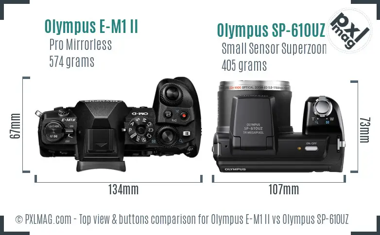 Olympus E-M1 II vs Olympus SP-610UZ top view buttons comparison