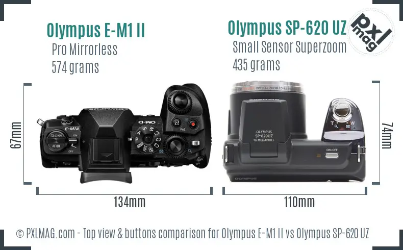 Olympus E-M1 II vs Olympus SP-620 UZ top view buttons comparison
