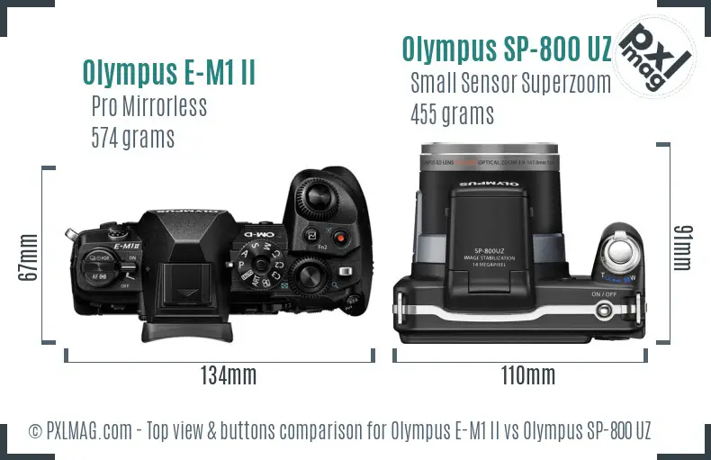 Olympus E-M1 II vs Olympus SP-800 UZ top view buttons comparison