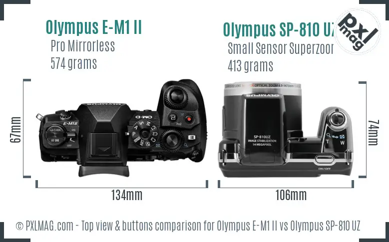 Olympus E-M1 II vs Olympus SP-810 UZ top view buttons comparison