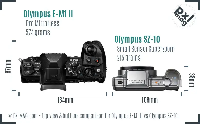 Olympus E-M1 II vs Olympus SZ-10 top view buttons comparison