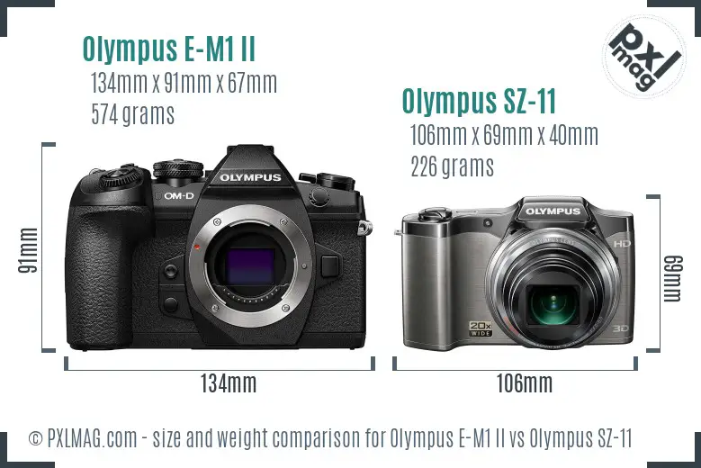 Olympus E-M1 II vs Olympus SZ-11 size comparison