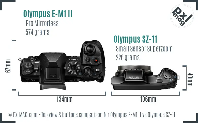 Olympus E-M1 II vs Olympus SZ-11 top view buttons comparison