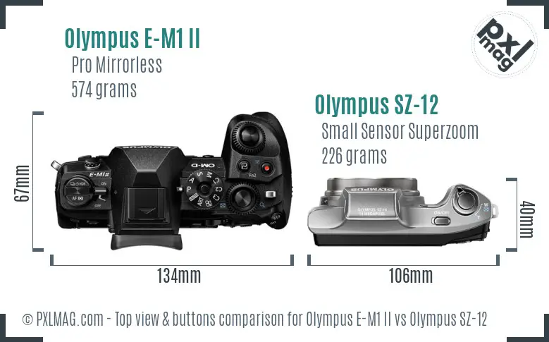 Olympus E-M1 II vs Olympus SZ-12 top view buttons comparison