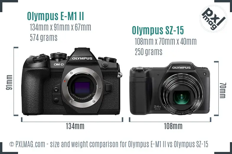 Olympus E-M1 II vs Olympus SZ-15 size comparison