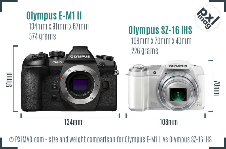 Olympus E-M1 II vs Olympus SZ-16 iHS size comparison