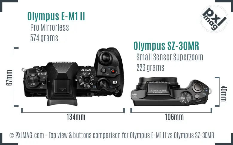 Olympus E-M1 II vs Olympus SZ-30MR top view buttons comparison