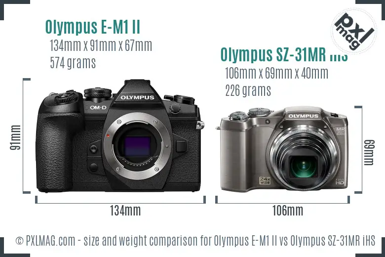 Olympus E-M1 II vs Olympus SZ-31MR iHS size comparison