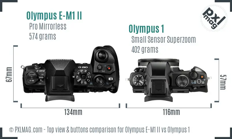 Olympus E-M1 II vs Olympus 1 top view buttons comparison